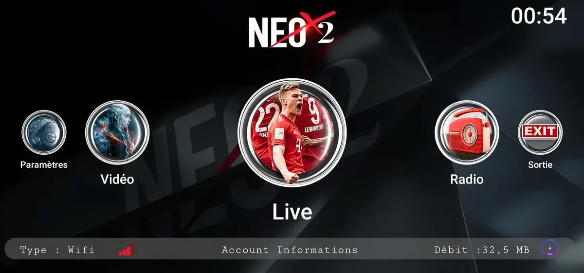 NeoX2 IPTV 4K Interface de l'application de diffusion